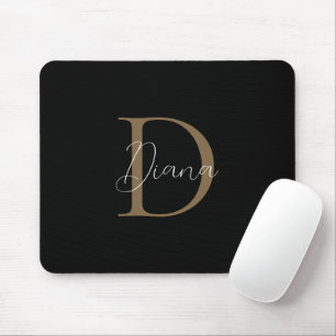 Elegante Midnight Black Mossy Gold Script Monogram Mousepad