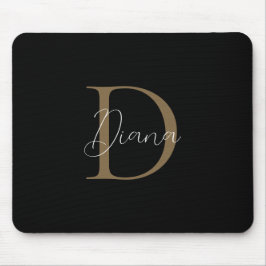 Elegante Midnight Black Mossy Gold Script Monogram Mousepad