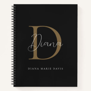 Elegante Midnight Black Mossy Gold Script Monogram Notizbuch