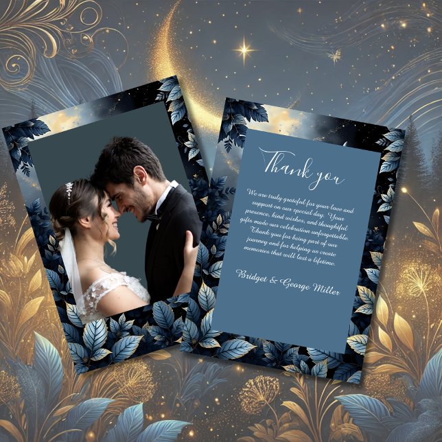 Elegante Midnight Blue and Gold Forest Wedding Dankeskarte (Von Creator hochgeladen)