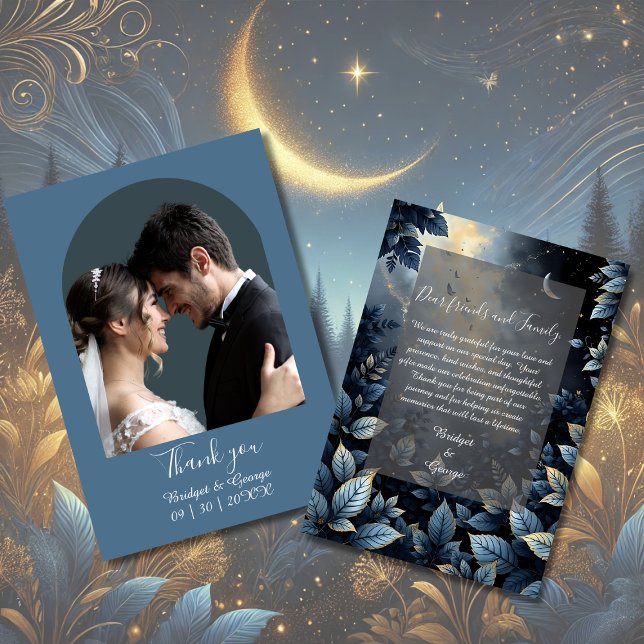 Elegante Midnight Blue and Gold Forest Wedding Dankeskarte (Von Creator hochgeladen)