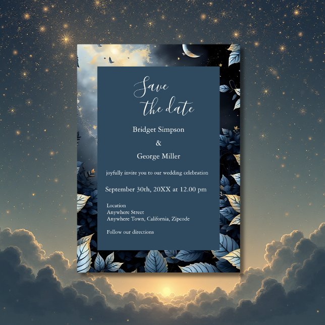 Elegante Midnight Blue and Gold Forest Wedding Einladung (Von Creator hochgeladen)