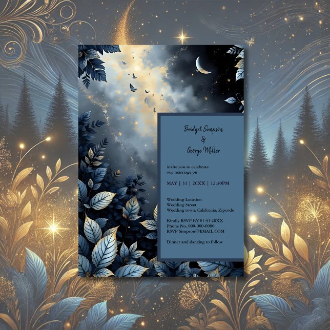 Elegante Midnight Blue and Gold Forest Wedding Einladung (Von Creator hochgeladen)