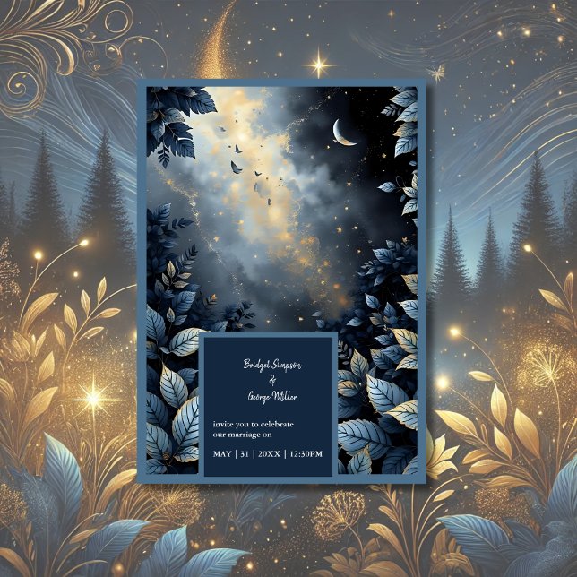 Elegante Midnight Blue and Gold Forest Wedding Einladung (Von Creator hochgeladen)