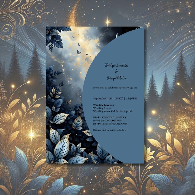 Elegante Midnight Blue and Gold Forest Wedding Einladung (Von Creator hochgeladen)