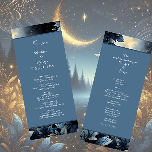 Elegante Midnight Blue and Gold Forest Wedding Programm (Von Creator hochgeladen)