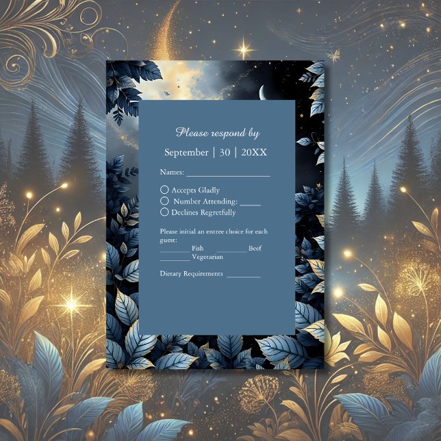 Elegante Midnight Blue and Gold Forest Wedding RSVP Karte (Von Creator hochgeladen)