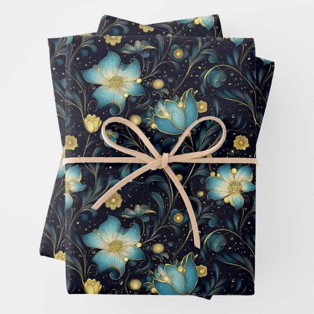 Elegante Midnight Blue & Gold Floral Christmas Geschenkpapier Set (Beispiel)