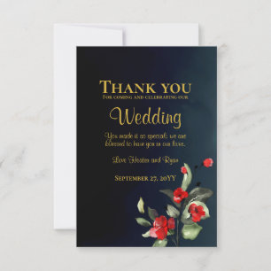 Elegante Midnight Blue Gold Red Floral Wedding Dankeskarte