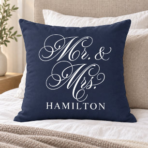 Elegante Midnight Blue Mr und Mrs Hochzeit Kissen