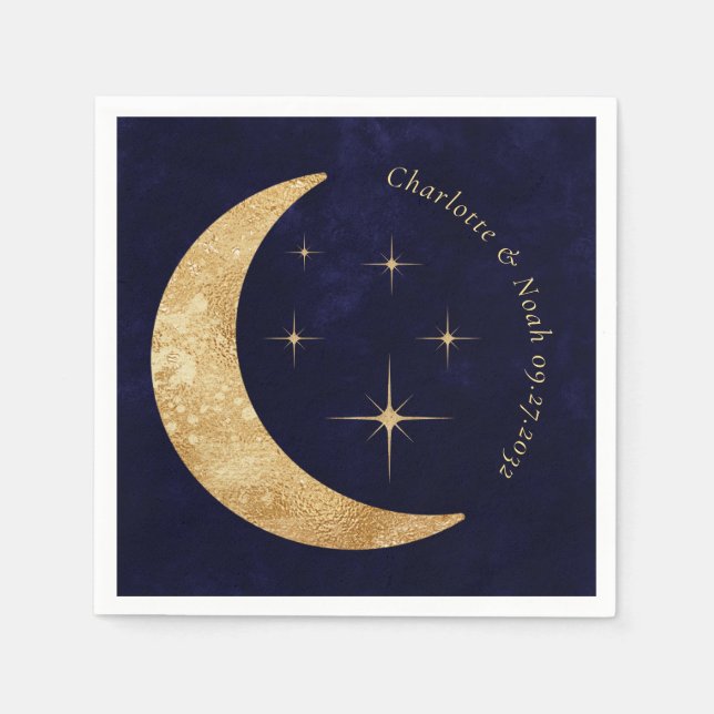 Elegante Midnight Celestial Gold Moon Stars Hochze Serviette (Vorderseite)