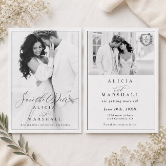 Elegante Minimal 2 Foto Florale Wappen Hochzeit Save The Date