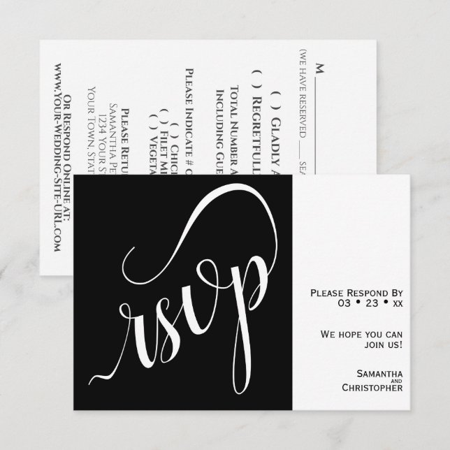 Elegante Minimal Black & White Calligraphy Wedding RSVP Karte (Vorne/Hinten)
