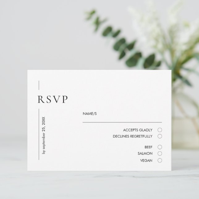 Elegante Minimal Black & White Wedding RSVP Karte (Stehend Vorderseite)