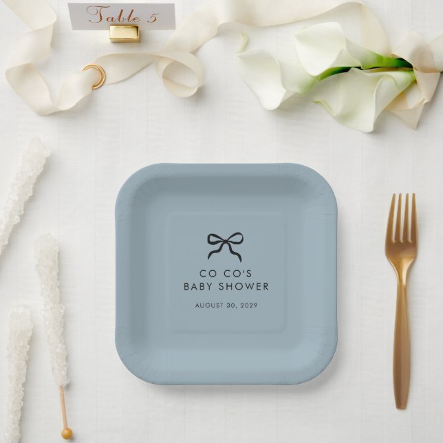 Elegante Minimal Bow Blue Boy Baby Shower Pappteller (Hochzeit)