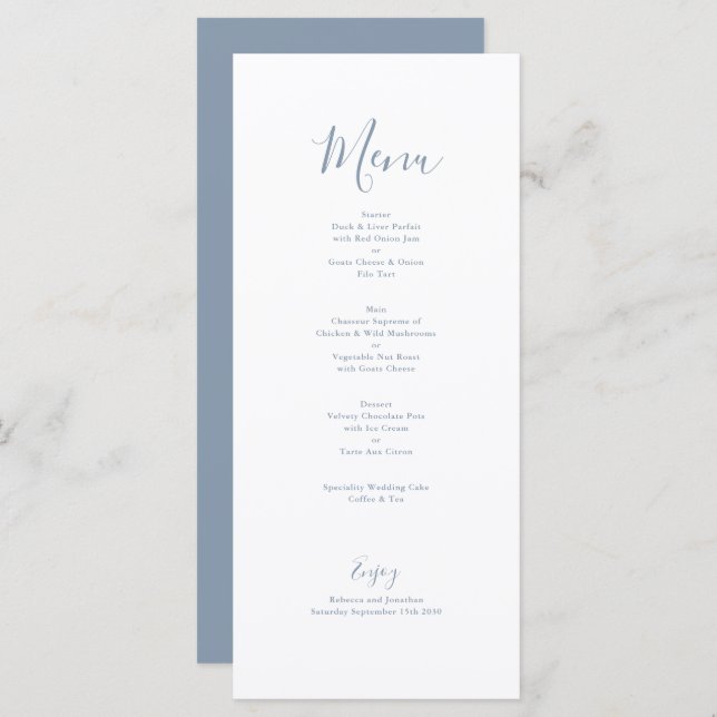 Elegante Minimal Dusty Blue Wedding Menu Card (Vorne/Hinten)