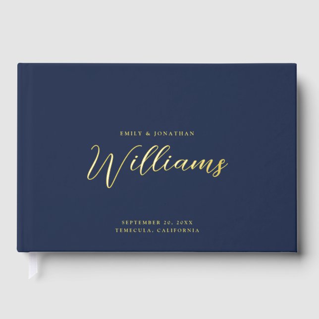 Elegante Minimal Gold Foil Navy Blue Wedding Gästebuch (Vorderseite)