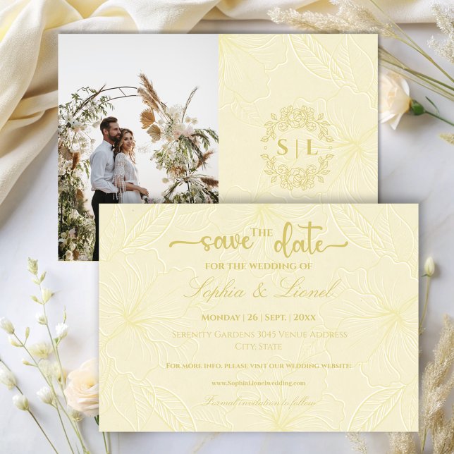 Elegante Minimal Golden Kontur Blume Hochzeit Save The Date (Von Creator hochgeladen)
