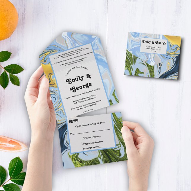 Elegante Minimal Green Yellow Blue Abstrakt Weddin All In One Einladung (Von Creator hochgeladen)