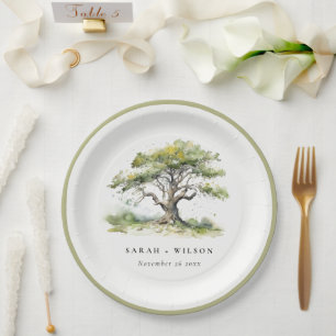 Elegante Minimal Grüne Wasserfarben Eiche Hochzeit Pappteller