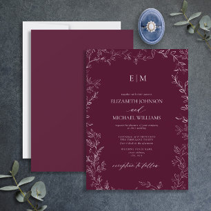 Elegante Minimal Leaf Burgundy Monogram Wedding Einladung