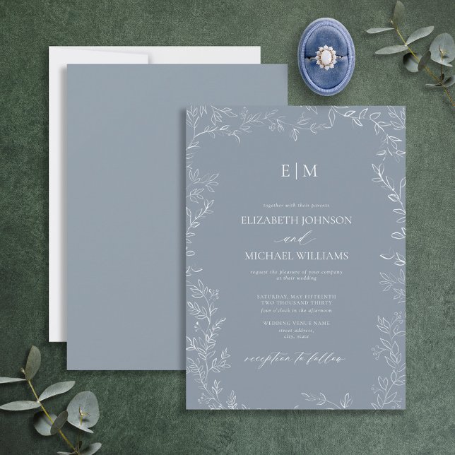 Elegante Minimal Leaf Dusty Blue Monogram Wedding Einladung (Von Creator hochgeladen)