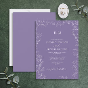 Elegante Minimal Leaf Lavender Monogram Wedding Einladung