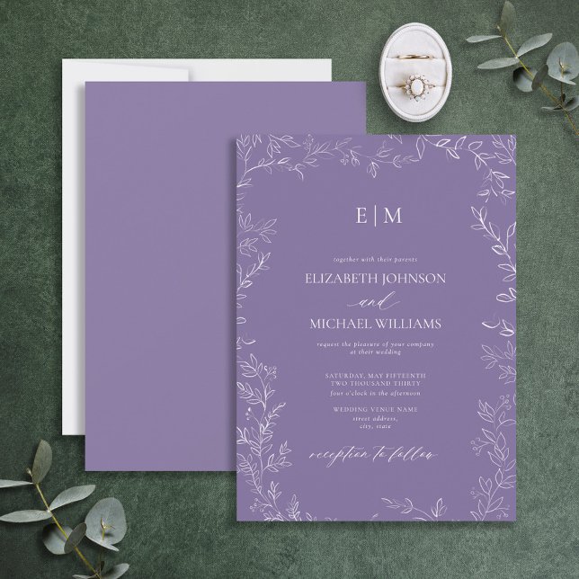 Elegante Minimal Leaf Lavender Monogram Wedding Einladung (Von Creator hochgeladen)
