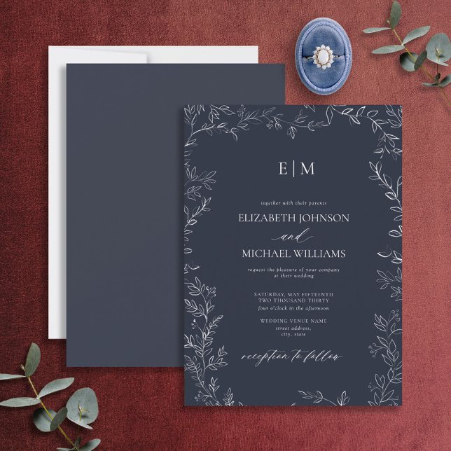 Elegante Minimal Leaf Navy Blue Monogram Wedding Einladung (Von Creator hochgeladen)