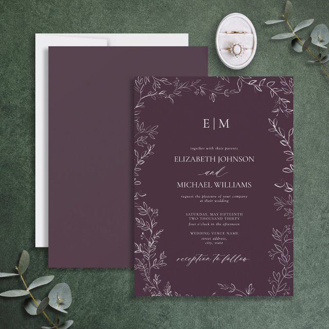 Elegante Minimal Leaf Plum Lila Monogram Wedding Einladung (Von Creator hochgeladen)