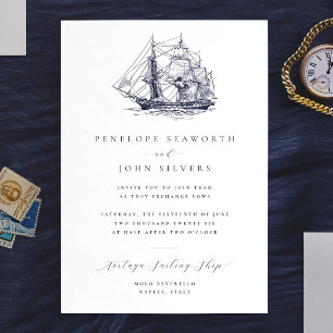 Elegante Minimal Nautical Ship Illustration Hochze Einladung