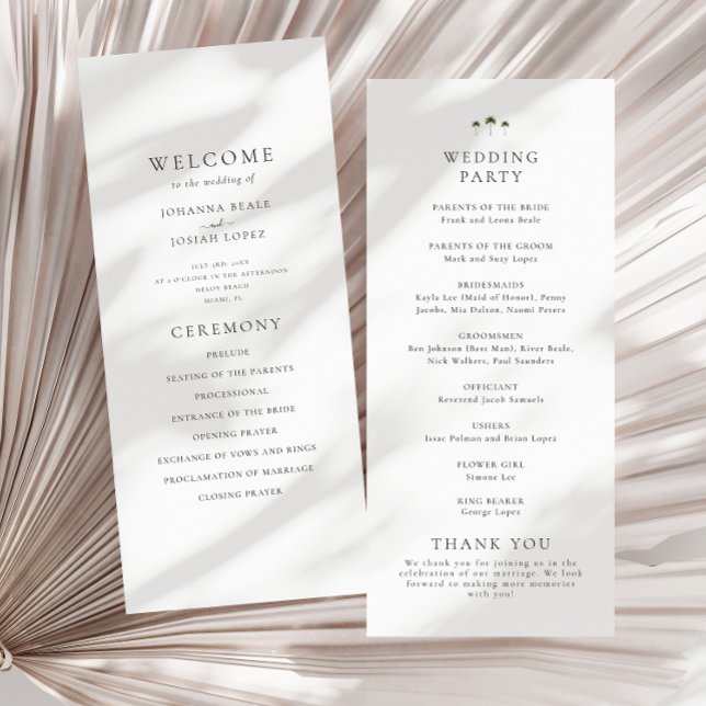 Elegante Minimal Palm Tree Wedding Programm (Von Creator hochgeladen)
