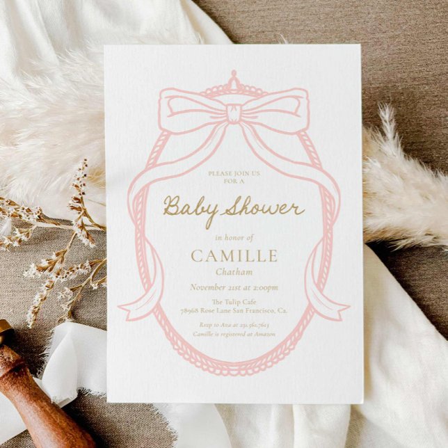 Elegante Minimal Pink Baby Dusche Einladung (Pink Bow Girl Baby Shower Invitation)