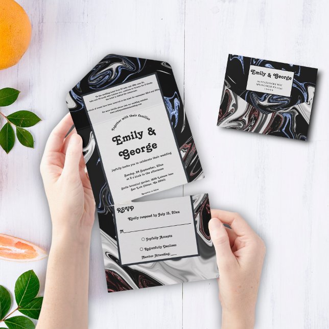 Elegante Minimal Schwarz-weiß Blue Abstrakt Weddin All In One Einladung (Von Creator hochgeladen)