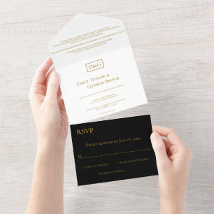 Elegante Minimal Schwarz-weiß Gold Monogram Weddin All In One Einladung