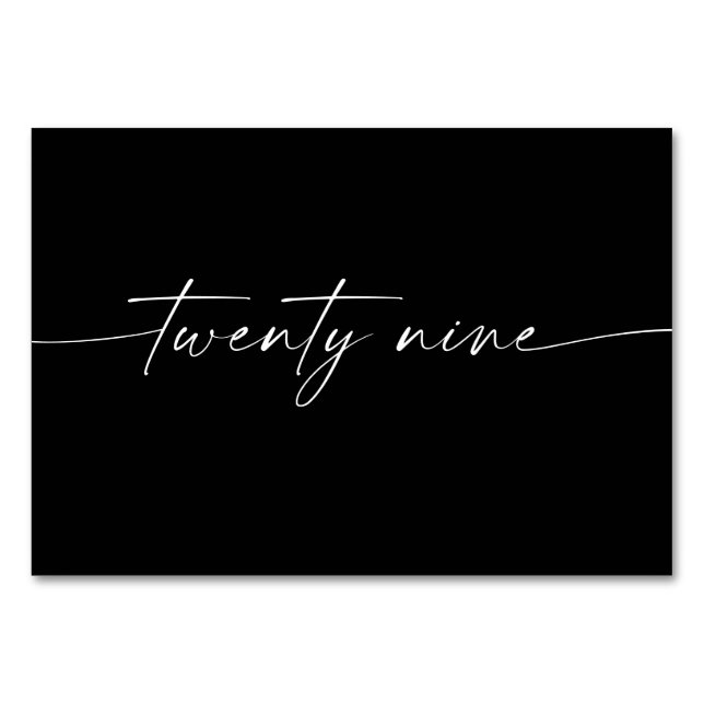 Elegante Minimal-Script-Karten Nummer 29 Tischnummer (Vorderseite)