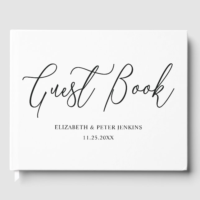 Elegante Minimal Script Schwarz-weiß Wedding Gästebuch (Vorderseite)
