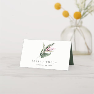 Elegante Minimal Tropical Pink Leafy Blütenhochzei Platzkarte