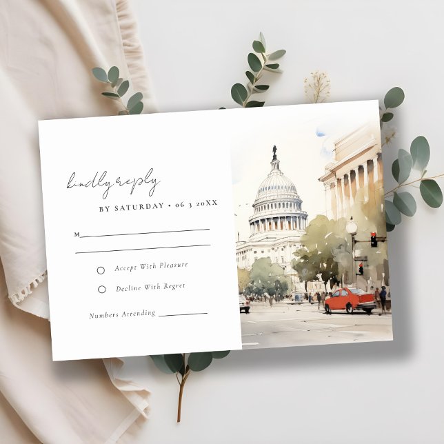 Elegante Minimal Washington DC Wassercolour Weddin RSVP Karte (Von Creator hochgeladen)