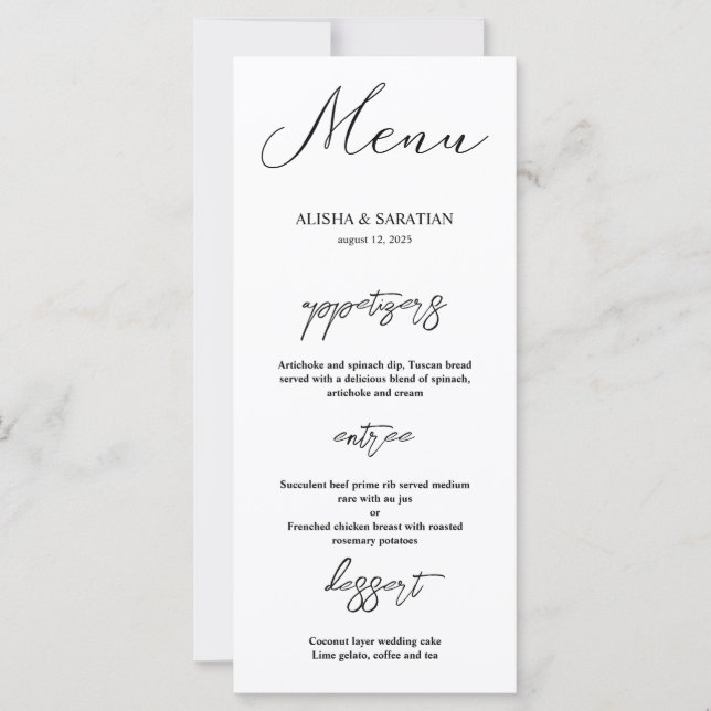 Elegante Minimal Wedding Menu Cards (Vorderseite)