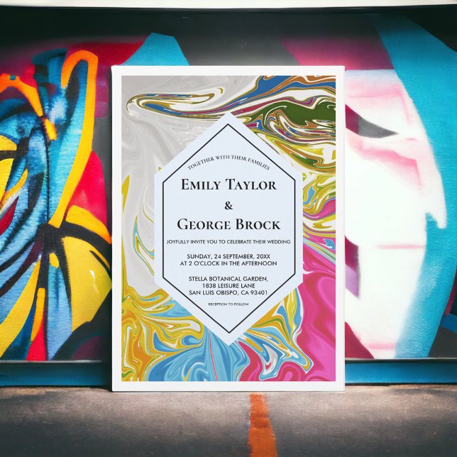 Elegante minimale Abstrakte Hochzeit mit bunten Ma Einladung (Von Creator hochgeladen)