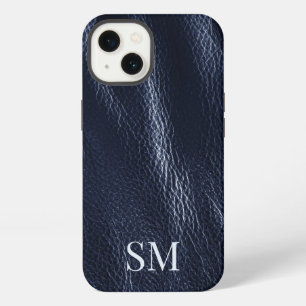 Elegante Minimale Blaue Leder Monogramm Initialen iPhone 13 Hülle