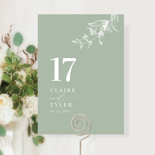 Elegante, minimale botanische, blassgrüne Hochzeit Tischnummer (Von Creator hochgeladen)
