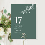 Elegante, minimale Botanische Grüne Hochzeit Tischnummer<br><div class="desc">Führe deine Gäste mit dieser eleganten, tiefgrünen Hochzeitskarte zum Tisch, um die Tischnummer zu genießen. Stilvolles und einfaches Design mit Namen auf der Seite und dem "und" in moderner handgeschriebener Kalligrafie. Feine, handgezeichnet, botanisch-grüne Ecke Detail. Bitte geben Sie für jede Tischnummer eine individuelle Bestellung auf (d.h. für eine Veranstaltung mit...</div>