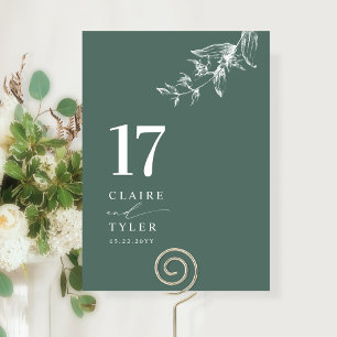Elegante, Minimale Botanische Tiefgrüne Hochzeit Tischnummer