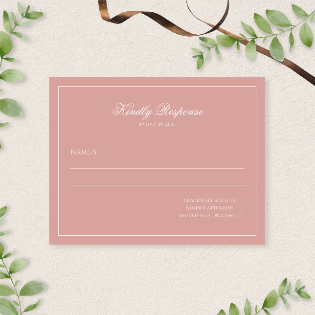 Elegante Minimale Dusty Rose-Rand-Script-Hochzeit RSVP Karte (Von Creator hochgeladen)