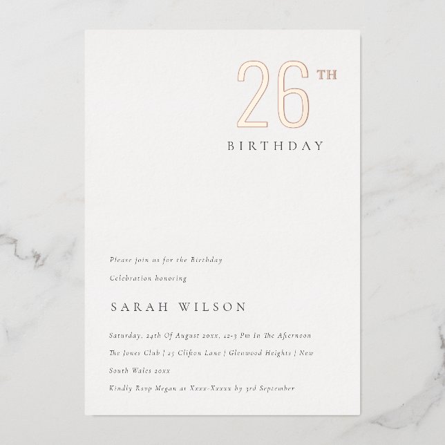 Elegante minimale fette Rose Gold jedes Alters Geb Folieneinladung (Vorderseite)