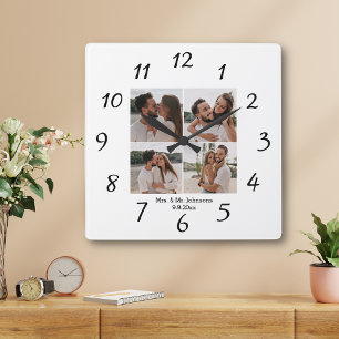 elegante minimale Mrs & Mr 4 Fotos Collage Hochze Quadratische Wanduhr