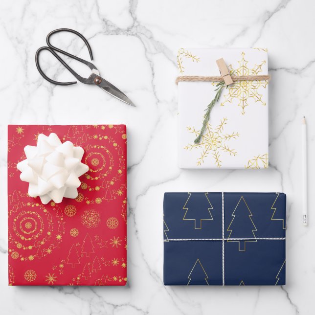 Elegante minimale Muster Gold Red Navy White Wrapp Geschenkpapier Set (Vorderseite)