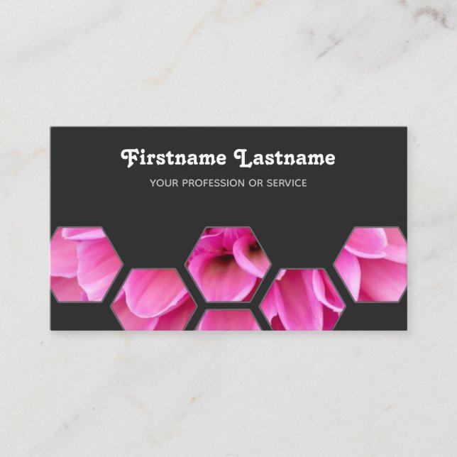 Elegante minimale rosa Blüten auf grauen Hexagonen Visitenkarte (Vorderseite)